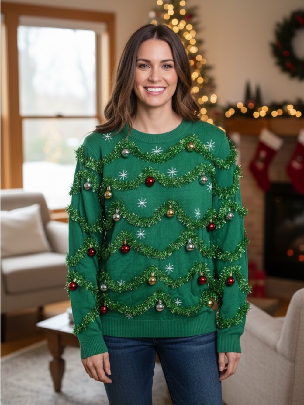Tipsy Elves Green Tinsel & Gold Bauble Holiday Sweater size medium ptp 19”